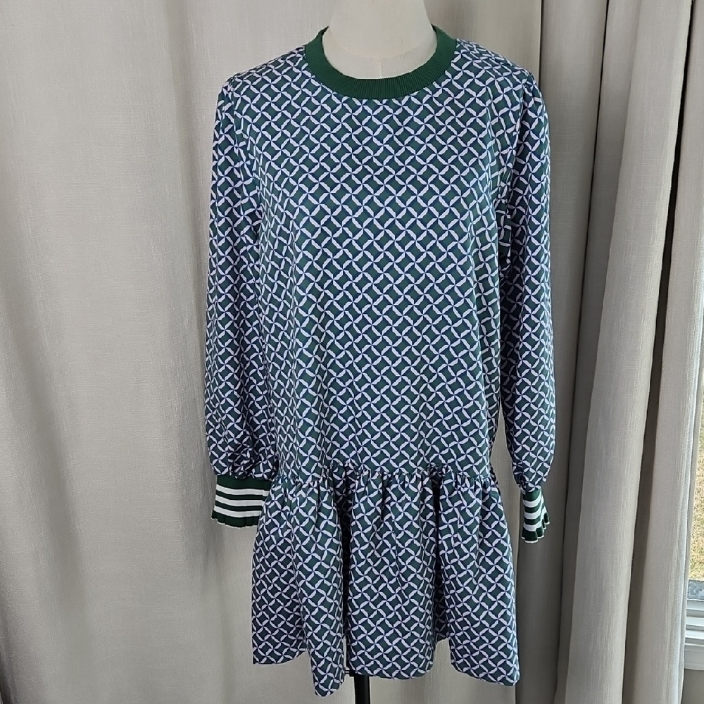 Addison Bay Long Sleeve Vine Dress: Geo Trelis- Green/Pink/Teal - Picture 2 of 15
